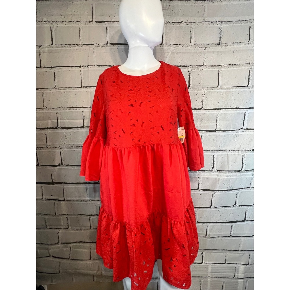 NWT Flying Tomato Red Eyelet Lace Babydoll Mini Dress Bell Sleeve Medium